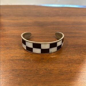 Black-and-White Checkered Cuff Bracelet with Shell Inlay